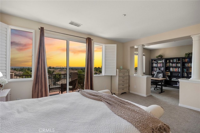 3667 Skylark Way, Brea, CA 92823 - bedroom with ornate columns, carpet, and access to outside