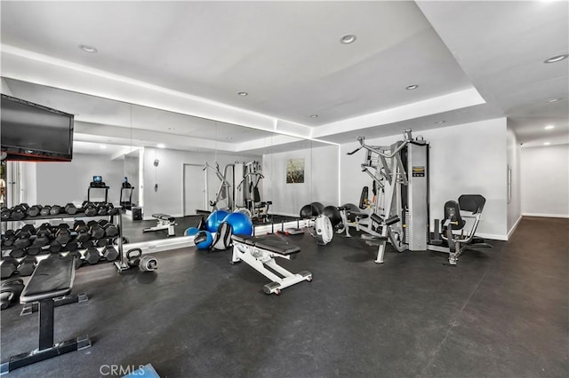 2700 Cahuenga Blvd E Unit 1302, Los Angeles, CA 90068 - exercise room with a tray ceiling and recessed lighting