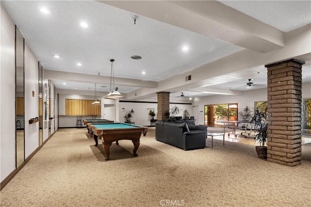 2700 Cahuenga Blvd E Unit 1302, Los Angeles, CA 90068 - playroom featuring decorative columns, light colored carpet, ceiling fan, billiards table, and recessed lighting
