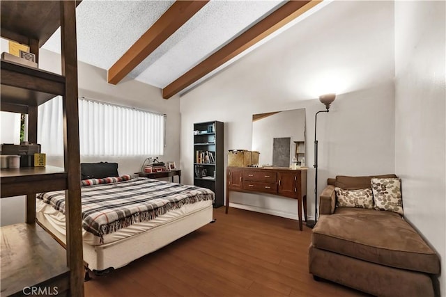 2700 Cahuenga Blvd E Unit 1302, Los Angeles, CA 90068 - bedroom with beamed ceiling, dark wood-style flooring, and high vaulted ceiling