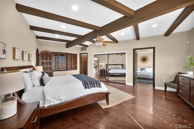 38225 Camino Sierra Rd, Temecula, CA 92592 - bedroom with beam ceiling, wood finished floors, recessed lighting, ceiling fan, and multiple closets