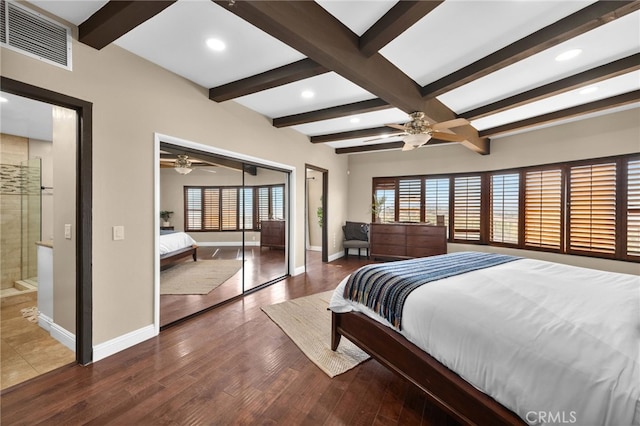 38225 Camino Sierra Rd, Temecula, CA 92592 - bedroom with beamed ceiling, wood finished floors, recessed lighting, and a ceiling fan