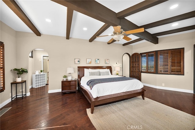 38225 Camino Sierra Rd, Temecula, CA 92592 - bedroom with arched walkways, wood finished floors, recessed lighting, beamed ceiling, and a ceiling fan