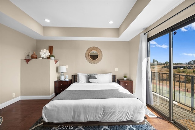 38225 Camino Sierra Rd, Temecula, CA 92592 - bedroom with access to exterior, wood finished floors, a raised ceiling, and recessed lighting