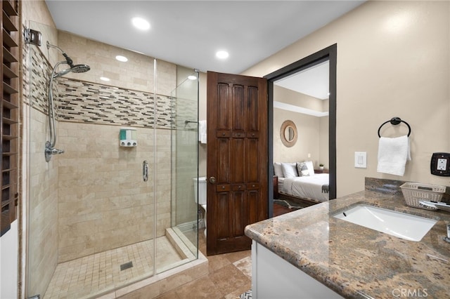 38225 Camino Sierra Rd, Temecula, CA 92592 - ensuite bathroom featuring vanity, a stall shower, recessed lighting, and tile patterned floors