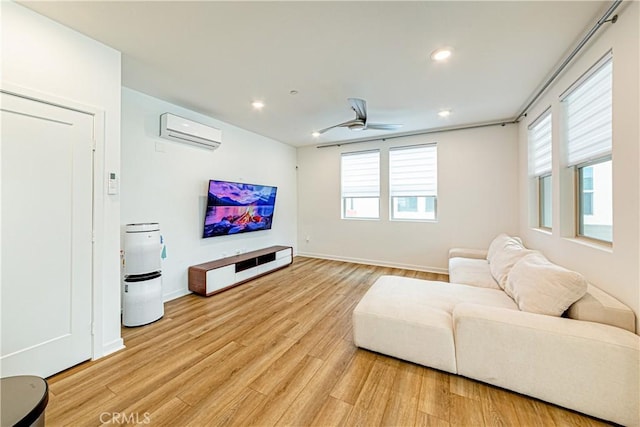 275 Pin Ln, Covina, CA 91722 - living room with an AC wall unit, light wood finished floors, recessed lighting, and a ceiling fan