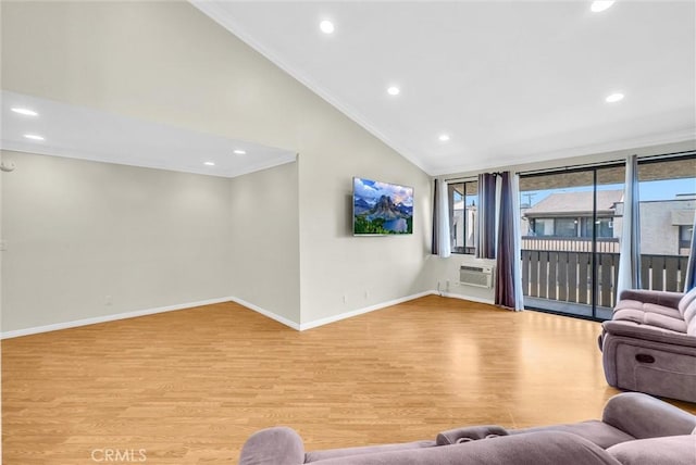 4170 Elm Ave Unit 304, Long Beach, CA 90807 - living area with lofted ceiling, light wood-style floors, ornamental molding, recessed lighting, and a wall mounted AC
