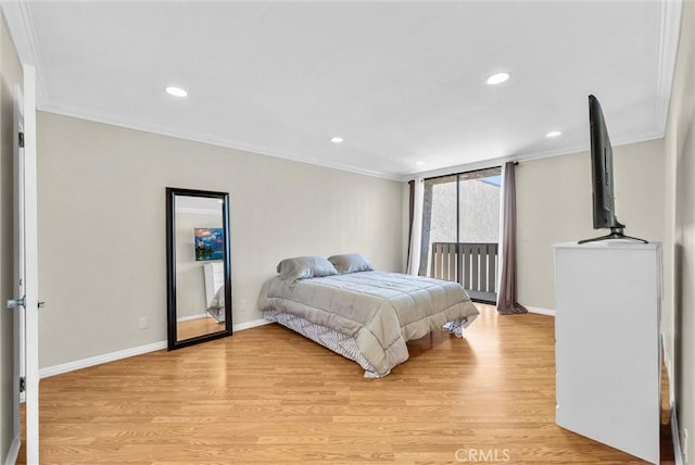 4170 Elm Ave Unit 304, Long Beach, CA 90807 - bedroom with access to outside, crown molding, light wood-style flooring, and recessed lighting