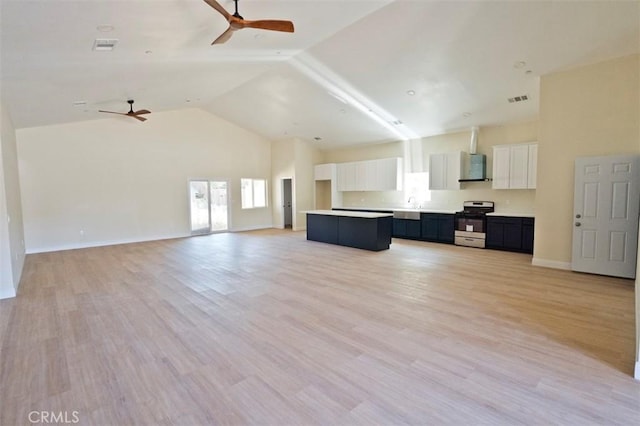 540 Shady Meadow Ct, Bakersfield, CA 93308 - unfurnished living room featuring high vaulted ceiling, ceiling fan, and light wood finished floors
