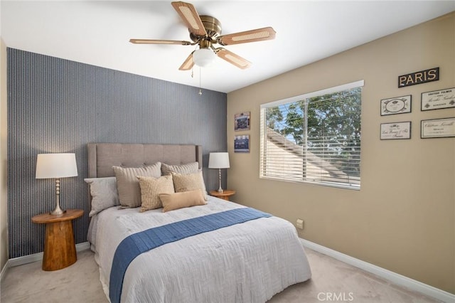 7012 E Viewpoint Ln, Anaheim Hills, CA 92807 - bedroom featuring light colored carpet, an accent wall, and a ceiling fan