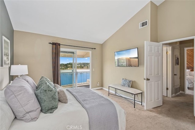 7012 E Viewpoint Ln, Anaheim Hills, CA 92807 - bedroom featuring access to outside, carpet flooring, and high vaulted ceiling