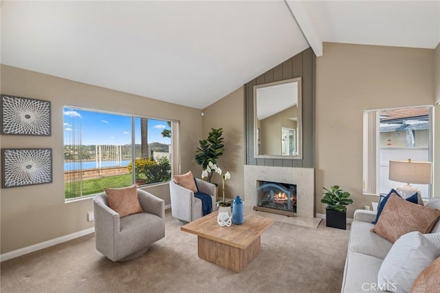 7012 E Viewpoint Ln, Anaheim Hills, CA 92807 - living area featuring a large fireplace, carpet floors, and a water view