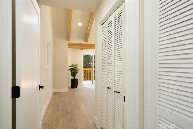 31303 Marcella Dr, Running Springs, CA 92382 - hall with beam ceiling, light wood-style flooring, and recessed lighting