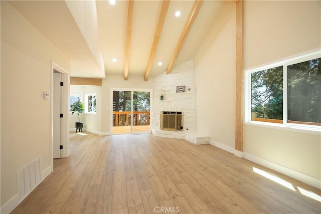 31303 Marcella Dr, Running Springs, CA 92382 - unfurnished living room featuring light wood-style floors, a fireplace, and recessed lighting
