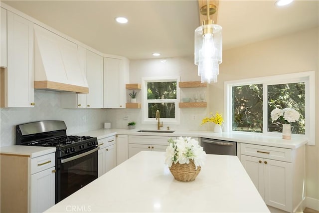 31303 Marcella Dr, Running Springs, CA 92382 - kitchen featuring stainless steel appliances, open shelves, plenty of natural light, recessed lighting, and custom range hood