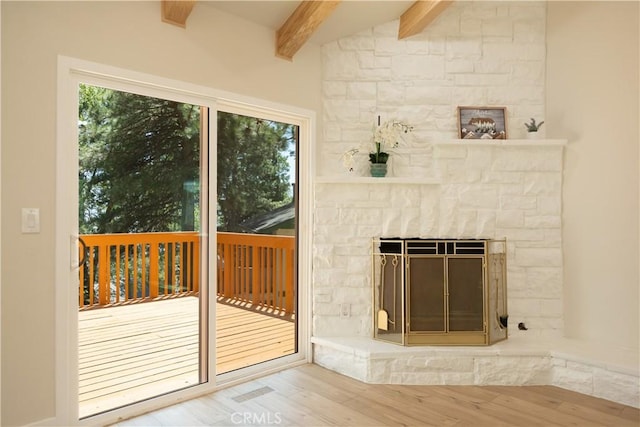 31303 Marcella Dr, Running Springs, CA 92382 - doorway featuring wood finished floors and a fireplace