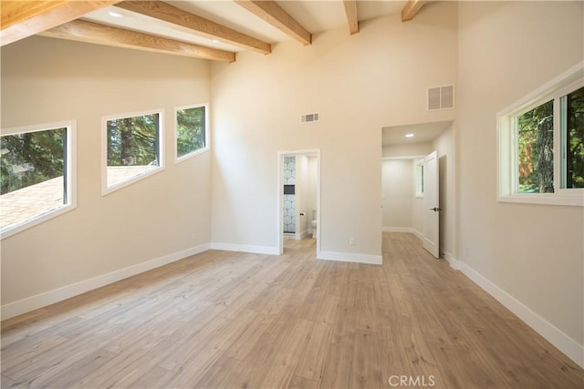 31303 Marcella Dr, Running Springs, CA 92382 - unfurnished room featuring high vaulted ceiling, beam ceiling, and light wood-type flooring