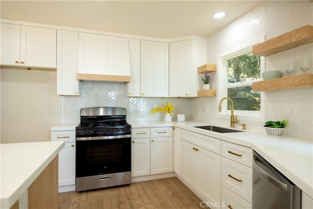 31303 Marcella Dr, Running Springs, CA 92382 - kitchen with stainless steel appliances, open shelves, light countertops, white cabinets, and recessed lighting