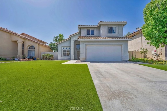 44601 Jamin Cir, Temecula, CA 92592 - mediterranean / spanish home featuring driveway, a front lawn, stucco siding, an attached garage, and a tiled roof