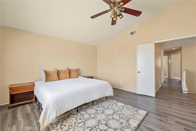44601 Jamin Cir, Temecula, CA 92592 - bedroom with wood finished floors, high vaulted ceiling, and a ceiling fan