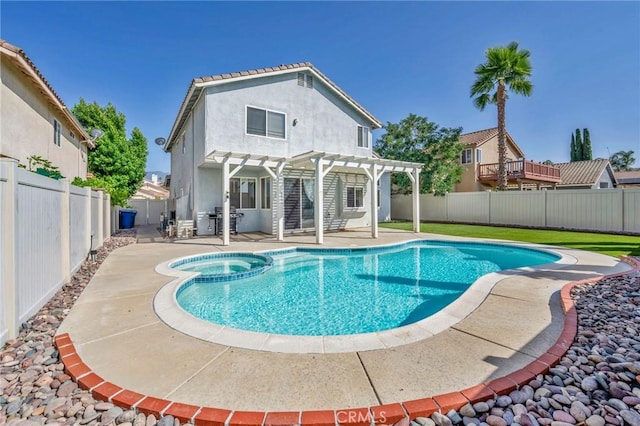 44601 Jamin Cir, Temecula, CA 92592 - view of pool featuring a pergola, a fenced backyard, a patio area, a pool with connected hot tub, and a grill