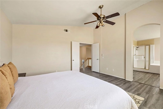44601 Jamin Cir, Temecula, CA 92592 - bedroom with wood finished floors, high vaulted ceiling, a ceiling fan, and connected bathroom