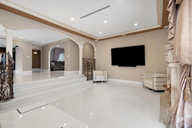 7422 Orion Ave, Van Nuys, CA 91406 - unfurnished living room featuring crown molding, ornate columns, recessed lighting, arched walkways, and tile patterned floors