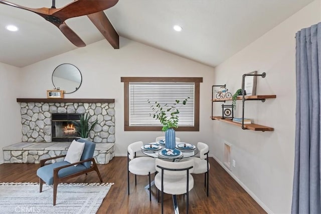 2266 Mcneil Cir, Corona, CA 92882 - dining space with wood finished floors, a fireplace, recessed lighting, and ceiling fan