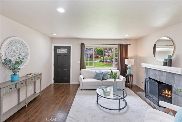 2266 Mcneil Cir, Corona, CA 92882 - living room with dark wood-type flooring, a tile fireplace, and recessed lighting