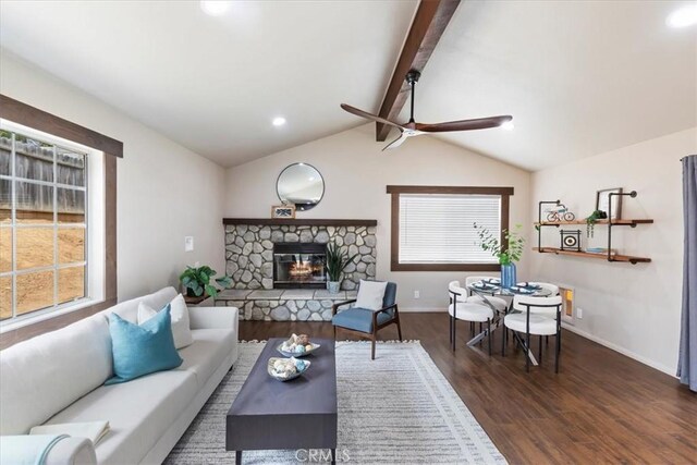 2266 Mcneil Cir, Corona, CA 92882 - living room featuring a ceiling fan, wood finished floors, a stone fireplace, and recessed lighting