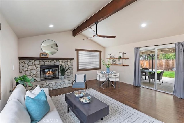 2266 Mcneil Cir, Corona, CA 92882 - living area featuring a ceiling fan, wood finished floors, a stone fireplace, and recessed lighting