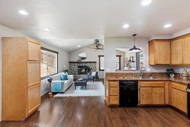 2266 Mcneil Cir, Corona, CA 92882 - kitchen featuring dishwasher, a fireplace, lofted ceiling, dark wood finished floors, and a ceiling fan