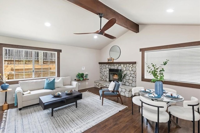 2266 Mcneil Cir, Corona, CA 92882 - living area with a ceiling fan, wood finished floors, a fireplace, and recessed lighting