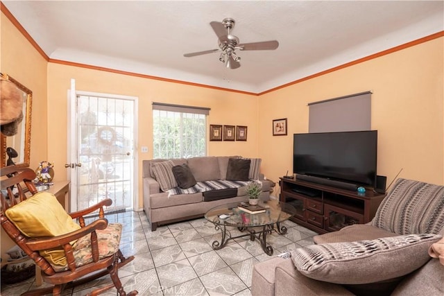 1203 E 33rd St, Los Angeles, CA 90011 - living area featuring a ceiling fan, light tile patterned floors, and ornamental molding