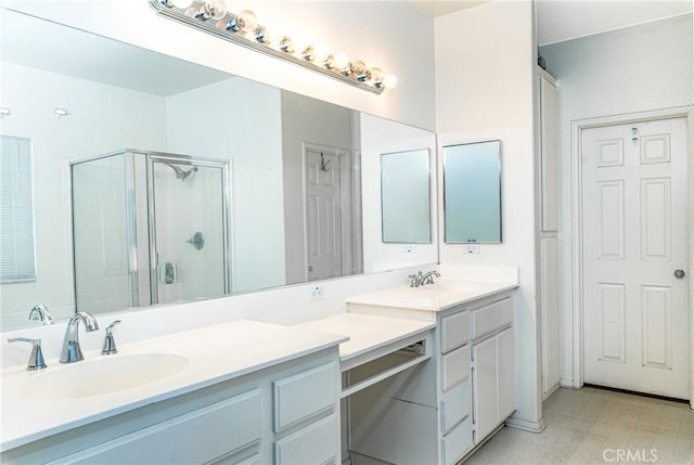 25540 Riley Cir, Menifee, CA 92585 - bathroom featuring double vanity and a shower stall