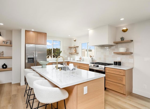 113 Via Breve Unit 23, San Clemente, CA 92672 - kitchen featuring open shelves, stainless steel fridge, light wood-style flooring, backsplash, and recessed lighting