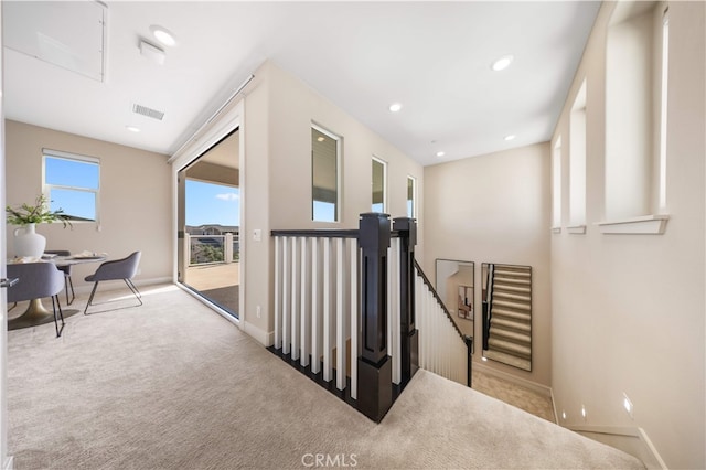 125 Character, Irvine, CA 92618 - corridor with carpet flooring, an upstairs landing, recessed lighting, and attic access