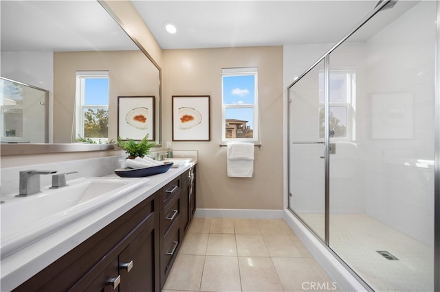 125 Character, Irvine, CA 92618 - bathroom featuring double vanity, tile patterned floors, and a shower stall