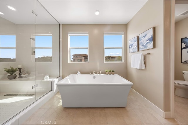 125 Character, Irvine, CA 92618 - full bath featuring a freestanding bath, a stall shower, tile patterned floors, and recessed lighting