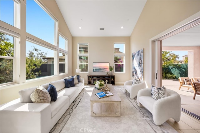 125 Character, Irvine, CA 92618 - living area with high vaulted ceiling and tile patterned flooring