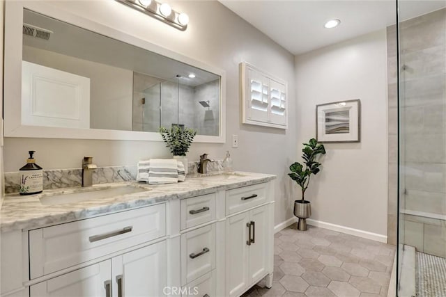 4437 Keever Ave, Long Beach, CA 90807 - bathroom with double vanity, a shower stall, tile patterned flooring, and recessed lighting