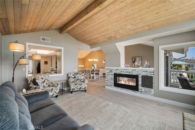 24532 Moonfire Dr, Dana Point, CA 92629 - living room with wood finished floors, wood ceiling, a chandelier, and a fireplace