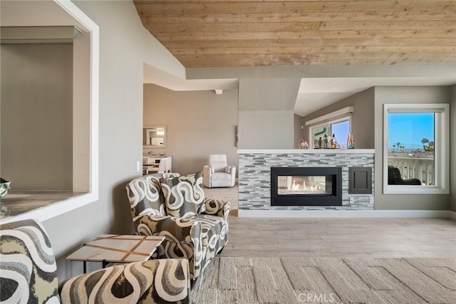 24532 Moonfire Dr, Dana Point, CA 92629 - sitting room with wooden ceiling, a tile fireplace, wood finished floors, and vaulted ceiling