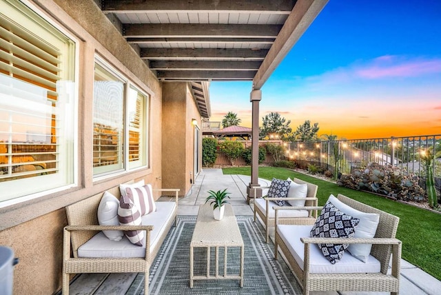 1412 Long View Dr, Chula Vista, CA 91915 - patio terrace at dusk featuring an outdoor living space, a fenced backyard, and a patio