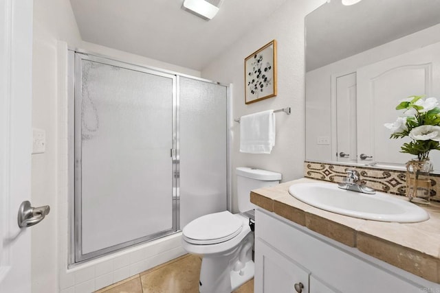 1412 Long View Dr, Chula Vista, CA 91915 - full bath with vanity, a shower stall, tile patterned floors, and decorative backsplash