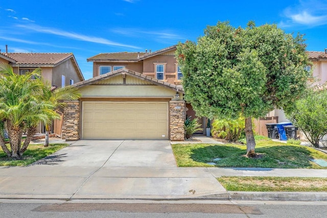 1412 Long View Dr, Chula Vista, CA 91915 - view of front of home with stone siding, concrete driveway, stucco siding, an attached garage, and a tile roof