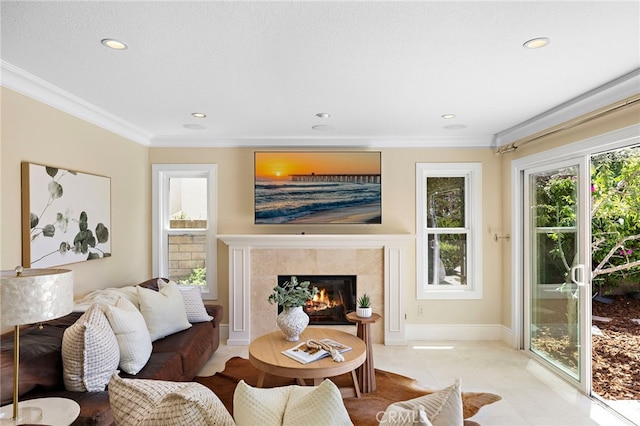 26582 Maside, Mission Viejo, CA 92692 - living area with crown molding, a fireplace, recessed lighting, and light tile patterned floors