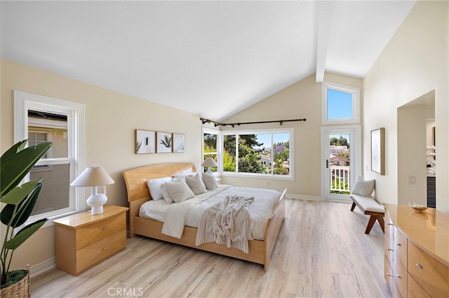 26582 Maside, Mission Viejo, CA 92692 - bedroom with beam ceiling, light wood-type flooring, high vaulted ceiling, and access to exterior