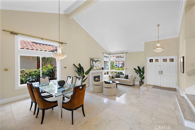 26582 Maside, Mission Viejo, CA 92692 - dining area featuring a chandelier, high vaulted ceiling, light marble finish flooring, crown molding, and beam ceiling