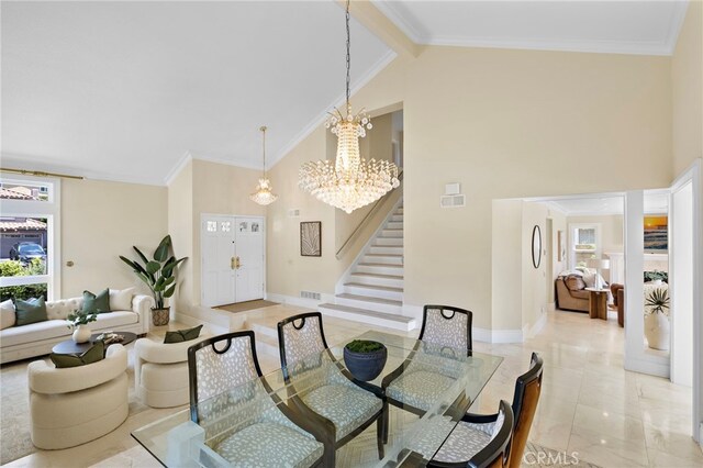 26582 Maside, Mission Viejo, CA 92692 - dining area featuring plenty of natural light, stairway, high vaulted ceiling, a chandelier, and beamed ceiling